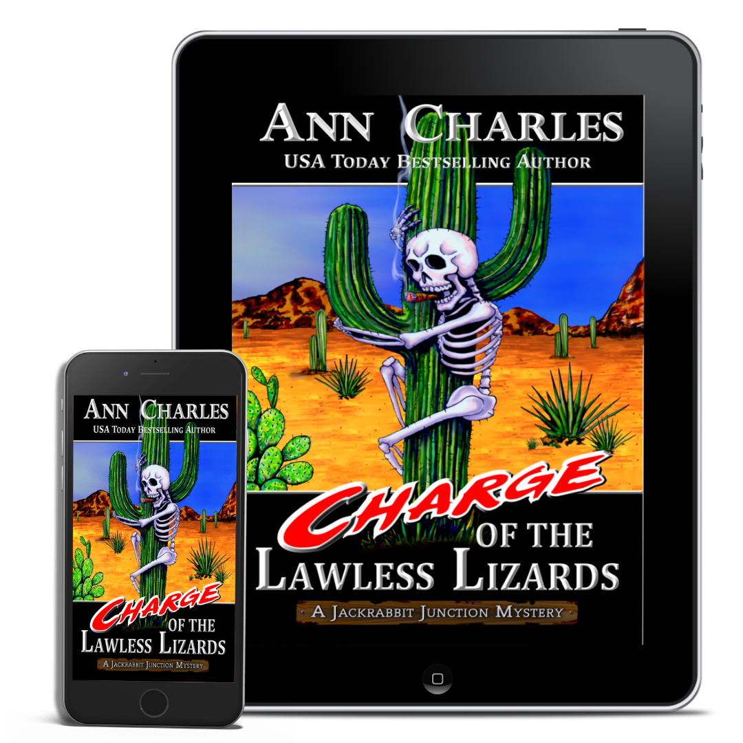 Ann Charles Store: Charge of the Lawless Lizards (Book 7) ebook. Cactus with skeleton art. E-book & phone cover.