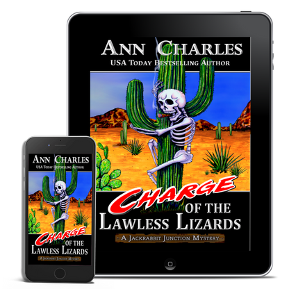 Ann Charles Store: Charge of the Lawless Lizards (Book 7) ebook. Cactus with skeleton art. E-book & phone cover.